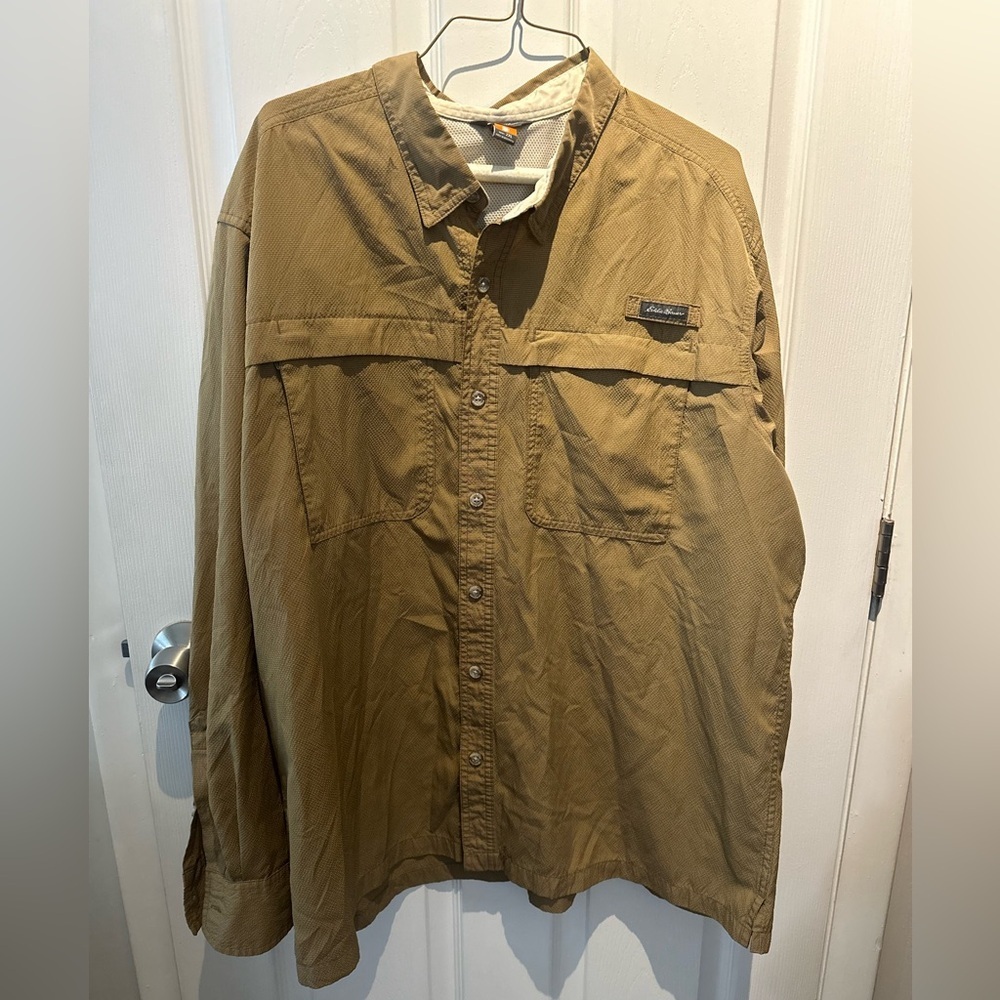 Eddie Bauer Sport Shop Men's Guide Fishing Shirt Brown Long Sleeve Vented 2XL